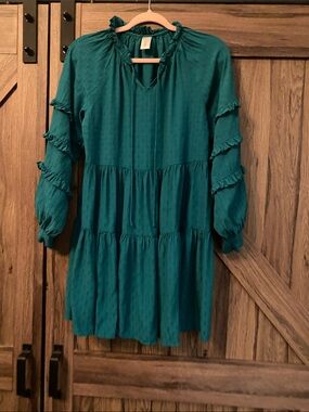 Y.A.S YASBETTY Teal Green Tiered Mini Dress Clip Dot Ruffle Long Sleeve Sz S